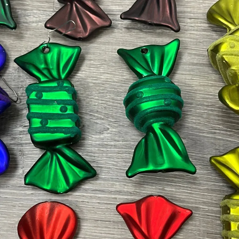 Christmas Ornaments Old Fashion Wrapped Candy Multicolor Flock Tree Decor Set 14